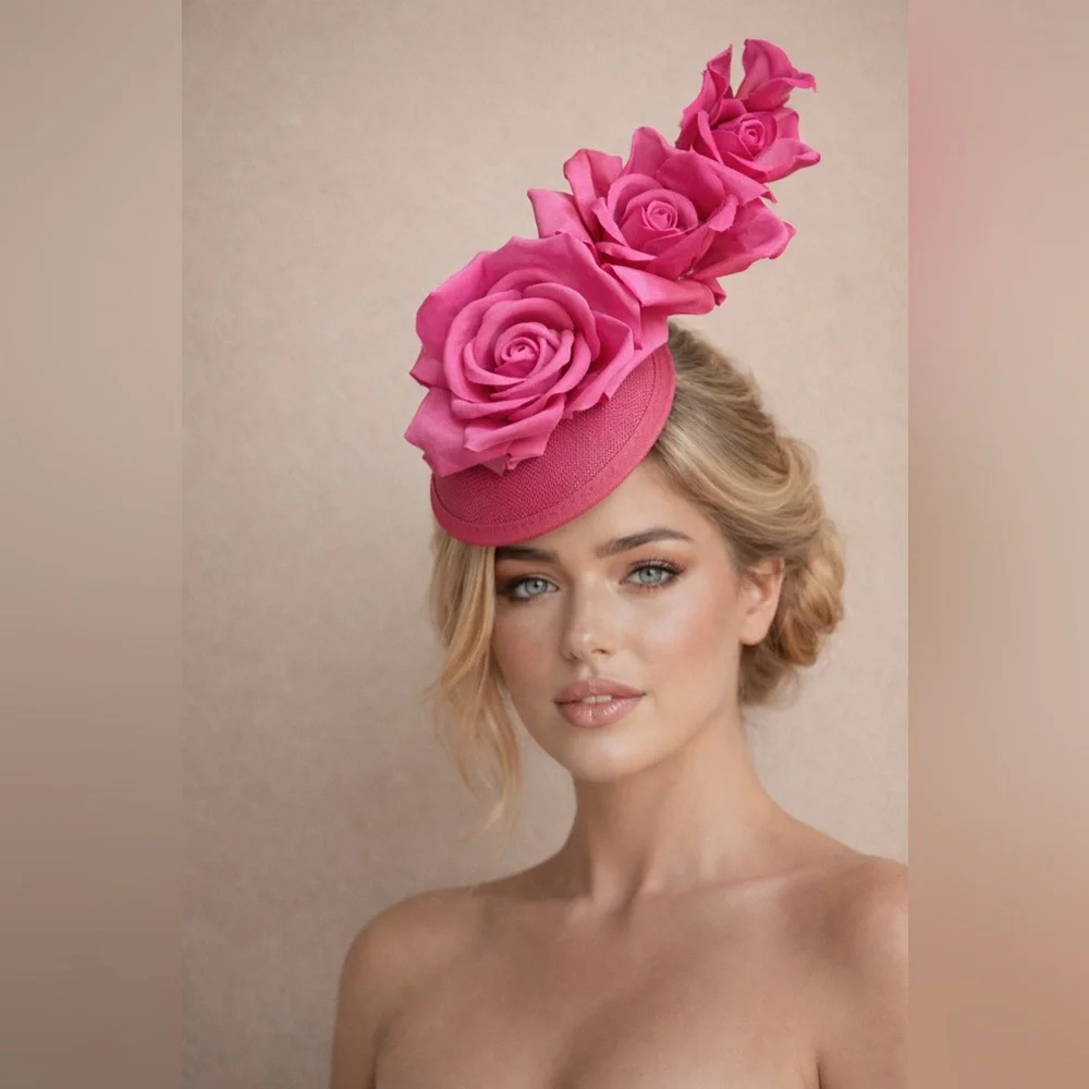 Pink Rose Statement Fascinator – KY Derby Oaks Hat – Wedding Guest Headpiece